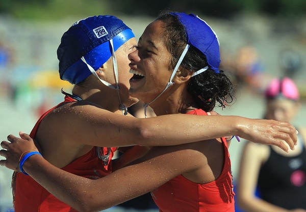 Lyall Bay stars Gracen Luka (left) and Karly Maxwell celebrating a win in the tube rescue